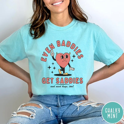 Comfort Colors tee in Chalky Mint featuring retro style graphic of a sad heart character with devil horns