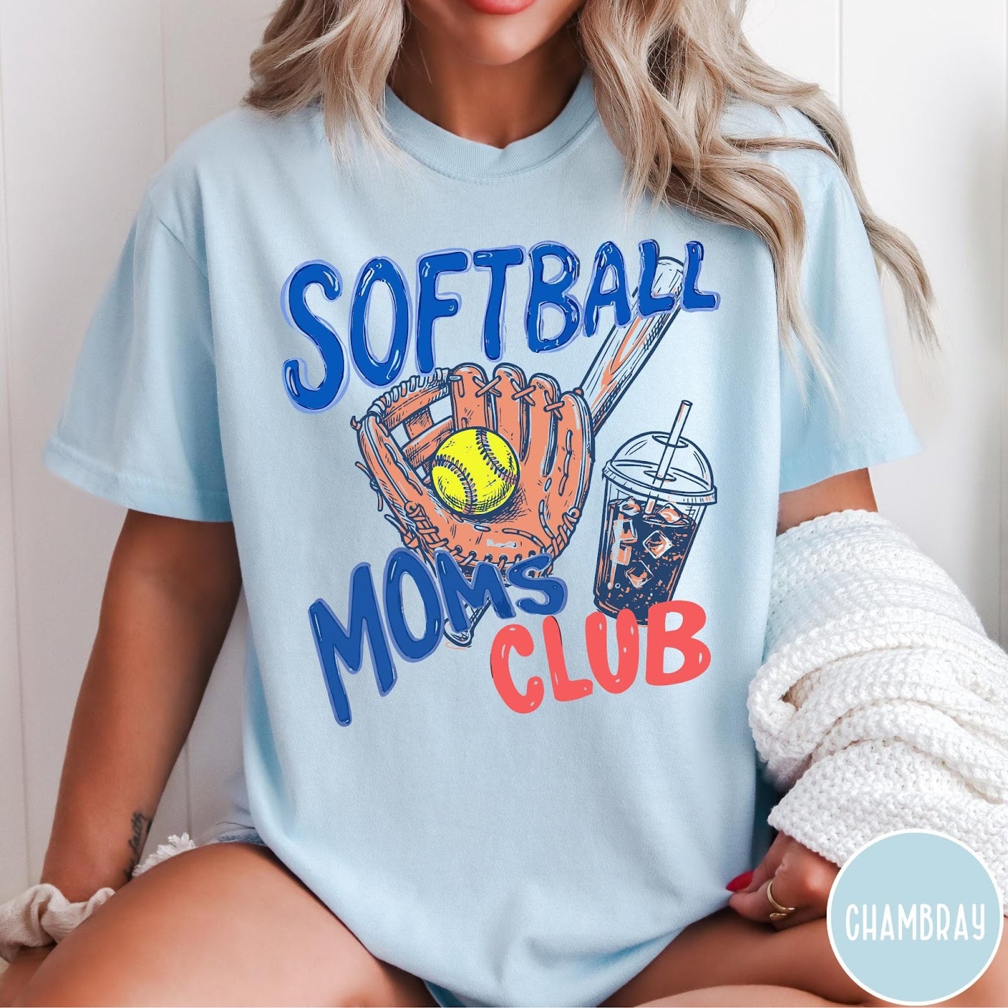 Comfort Colors tee in Chambray featuring softball mom life graphic with baseball glove, ball, and iced coffee
