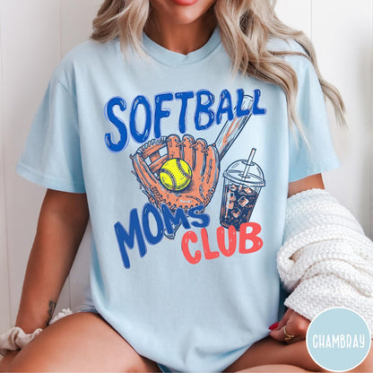 Comfort Colors tee in Chambray featuring softball mom life graphic with baseball glove, ball, and iced coffee