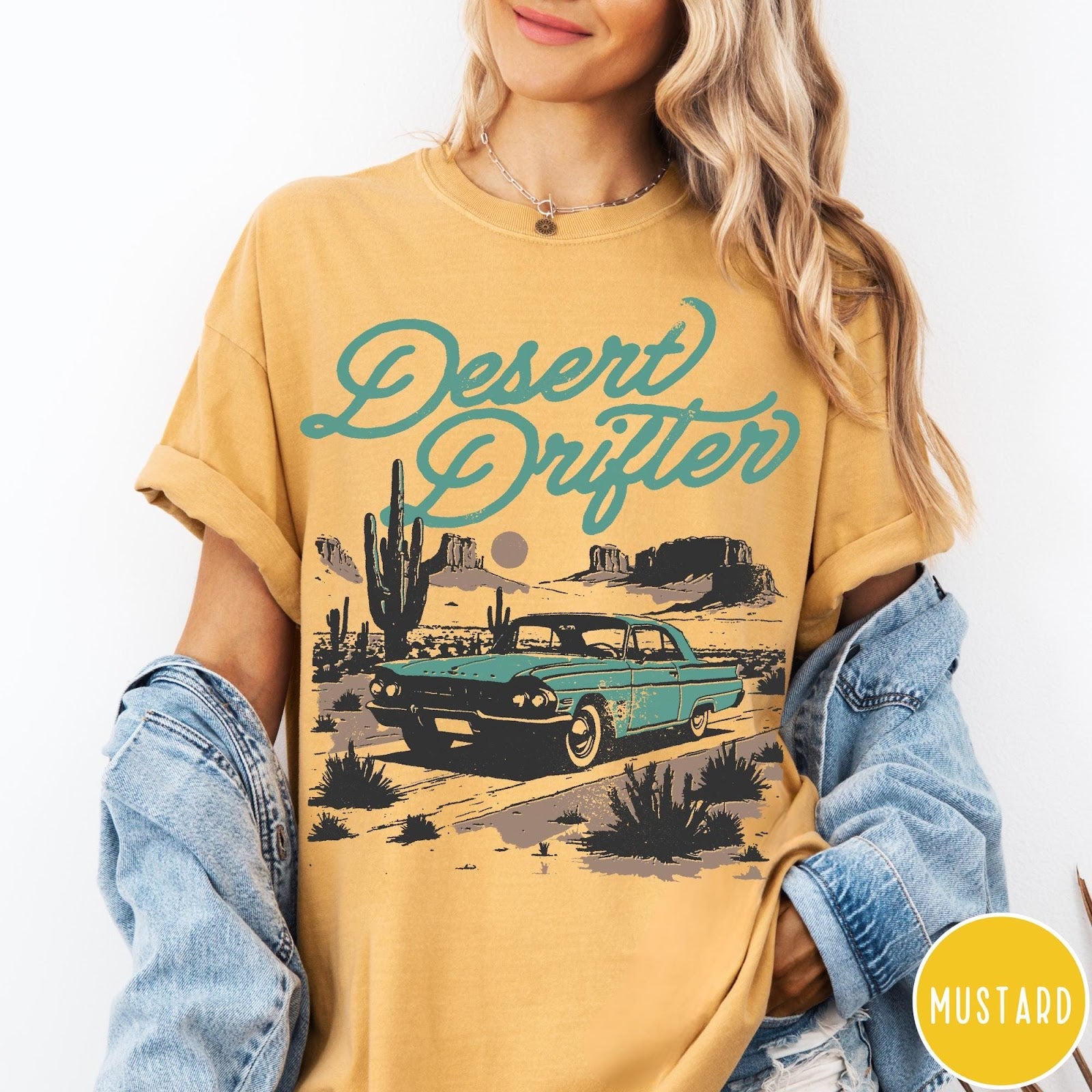 Comfort Colors tee in Mustard featuring vintage style graphic of a classic car in a desert landscape