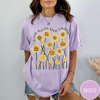 Comfort Colors tee in Orchid featuring daisy graphic with positive affirmations and encouraging words about kindness
