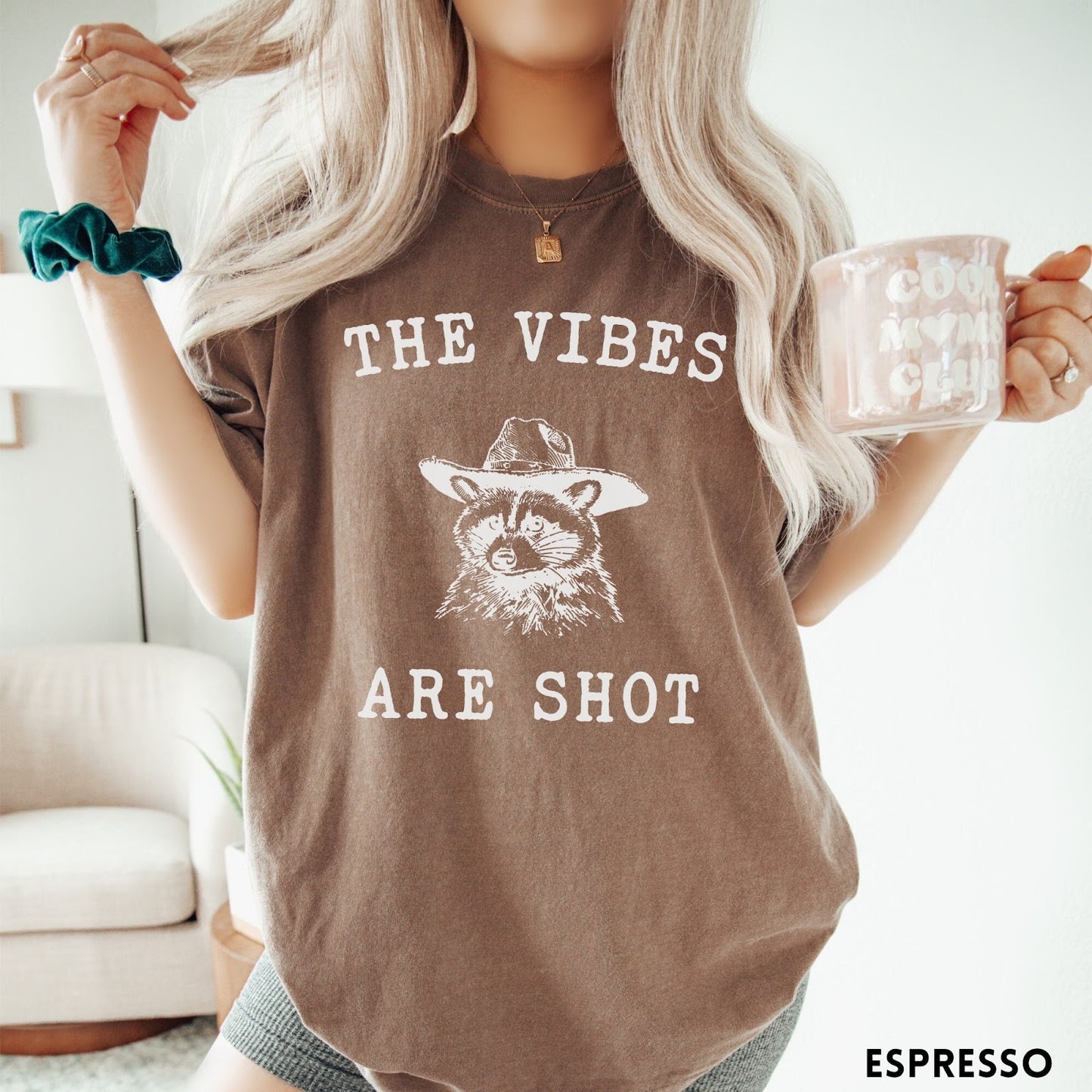 Comfort Colors tee in Espresso featuring graphic style raccoon wearing a cowboy hat and text The Vibes Are Shot