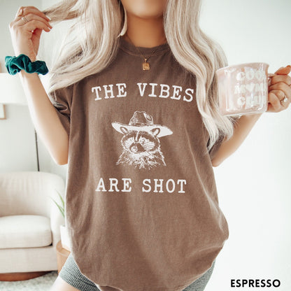 Comfort Colors tee in Espresso featuring graphic style raccoon wearing a cowboy hat and text The Vibes Are Shot