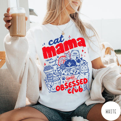 Comfort Colors tee in White featuring retro style graphic with cats, yarn, and cat mama club text