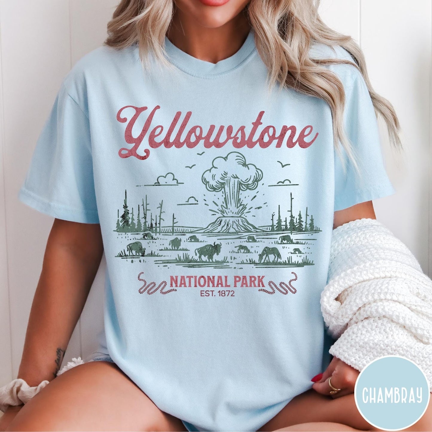 Comfort Colors tee in Chambray featuring retro graphic design of Yellowstone National Park with bison and geyser