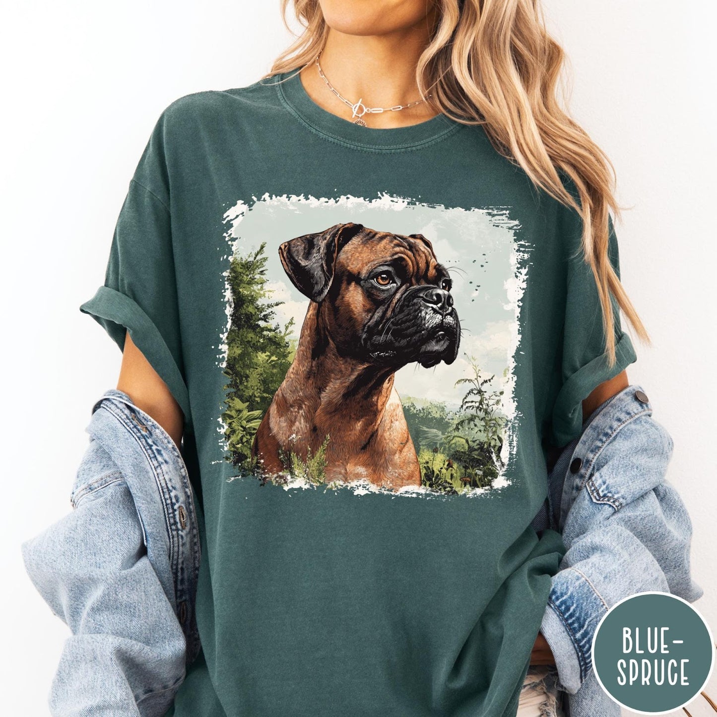 Comfort Colors tee in Blue Spruce featuring vintage style graphic of a detailed Boxer dog portrait