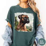 Comfort Colors tee in Blue Spruce featuring vintage style graphic of a detailed Boxer dog portrait