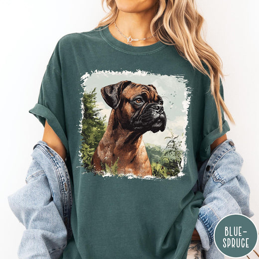 Comfort Colors tee in Blue Spruce featuring vintage style graphic of a detailed Boxer dog portrait