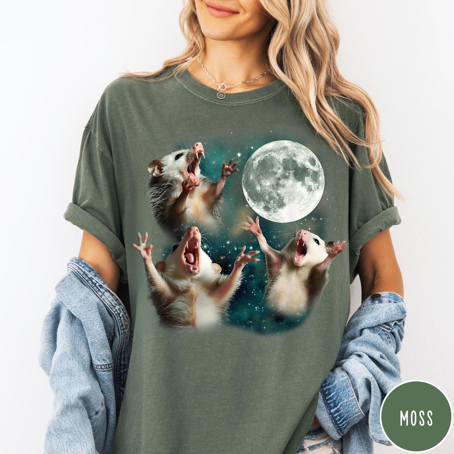 Comfort Colors tee in Moss featuring vintage graphic style with three screaming possums reaching for the moon