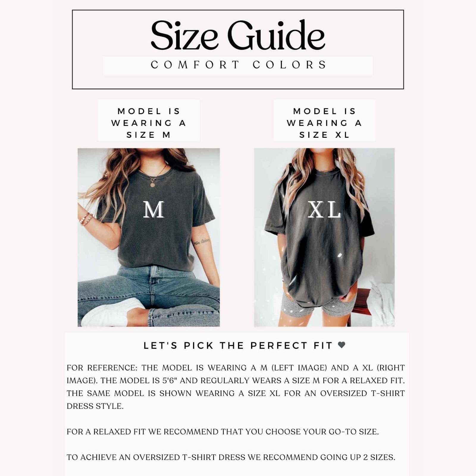 Comfort Colors tee size chart showing model fit comparison for medium and extra large sizes