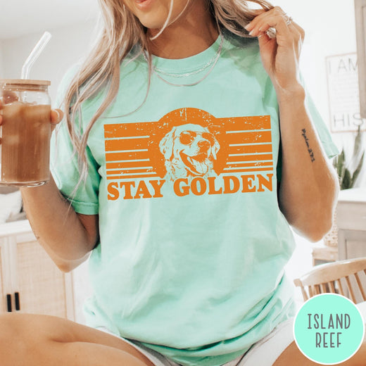 Comfort Colors tee in Island Reef featuring vintage style graphic of a Golden Retriever wearing sunglasses and text