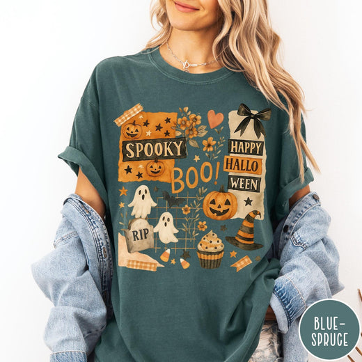 Comfort Colors tee in Blue Spruce featuring Halloween collage design with pumpkins, ghosts, and festive autumn graphics