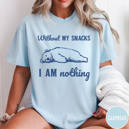 Comfort Colors tee in Chambray featuring illustrated bear graphic with text Without My Snacks I Am Nothing