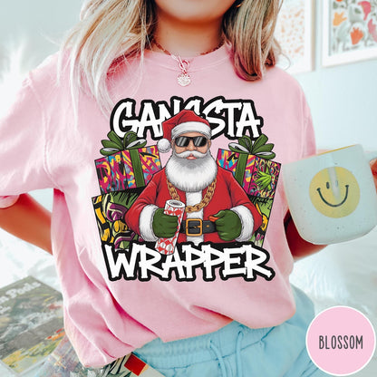 Comfort Colors tee in Blossom featuring graphic Santa Claus wearing sunglasses and gold chain, Gangsta Wrapper text