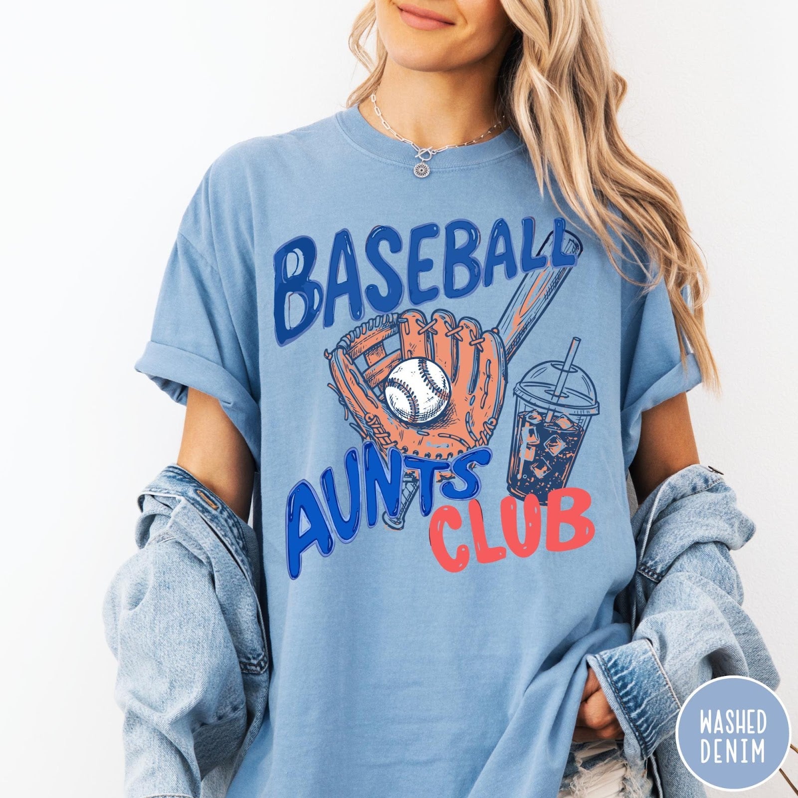 Comfort Colors tee in Washed Denim featuring baseball design with glove, ball, bat, and iced coffee graphic