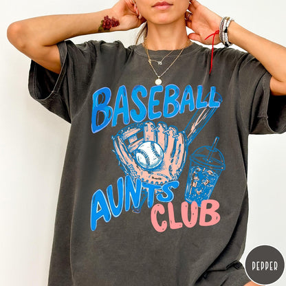 Comfort Colors tee in Pepper featuring baseball graphic with a mitt, ball, bat, and iced coffee drink
