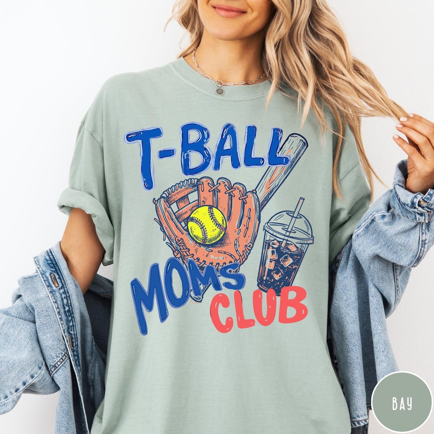 Comfort Colors tee in Bay featuring retro graphic style T-Ball Moms Club with glove and iced coffee