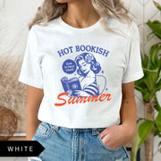 Comfort Colors tee in White featuring pinup girl reading a book graphic design with blue and orange ink