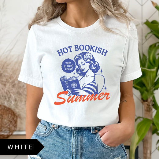 Comfort Colors tee in White featuring pinup girl reading a book graphic design with blue and orange ink