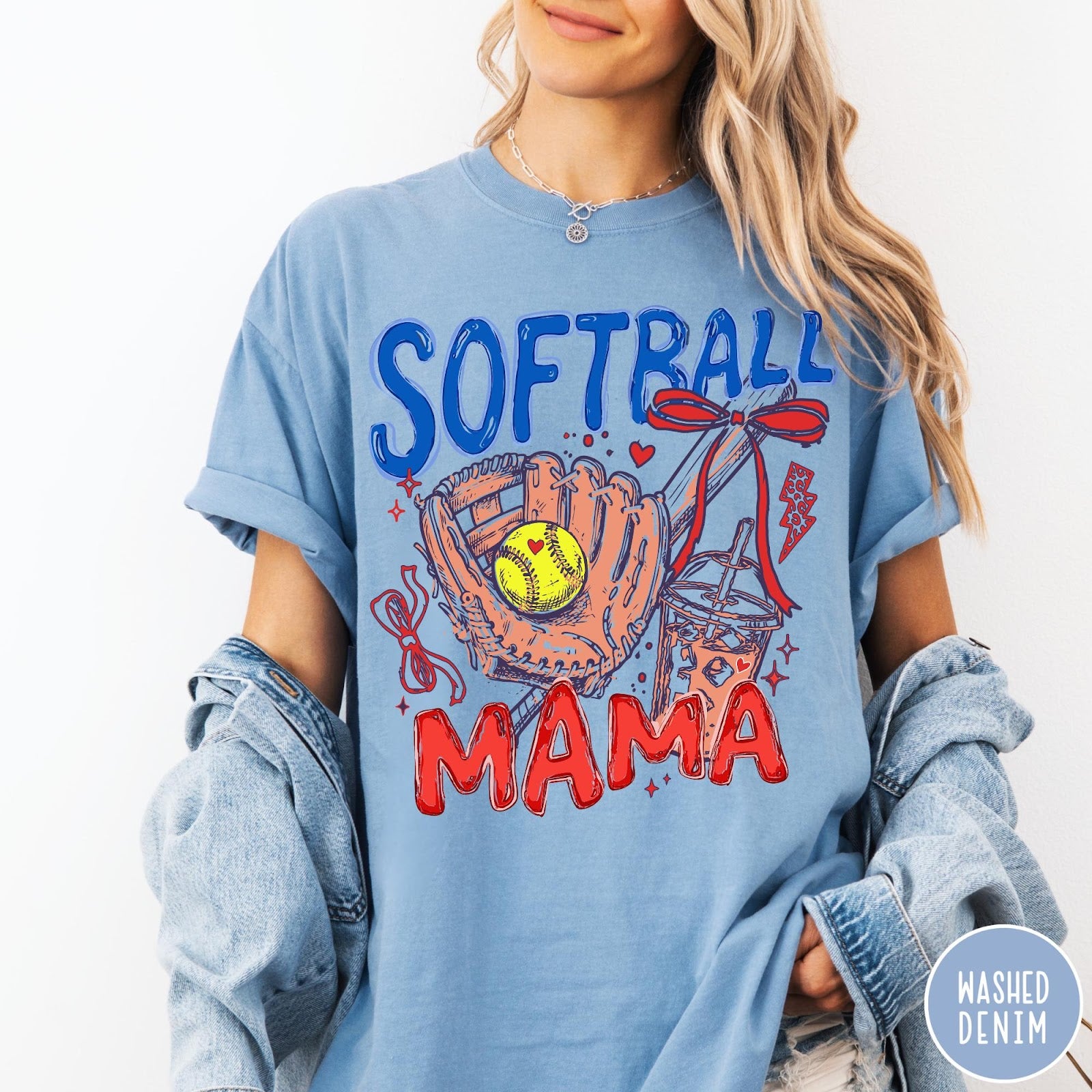 Comfort Colors tee in Washed Denim featuring softball mom graphic with glove, ball, and iced coffee design