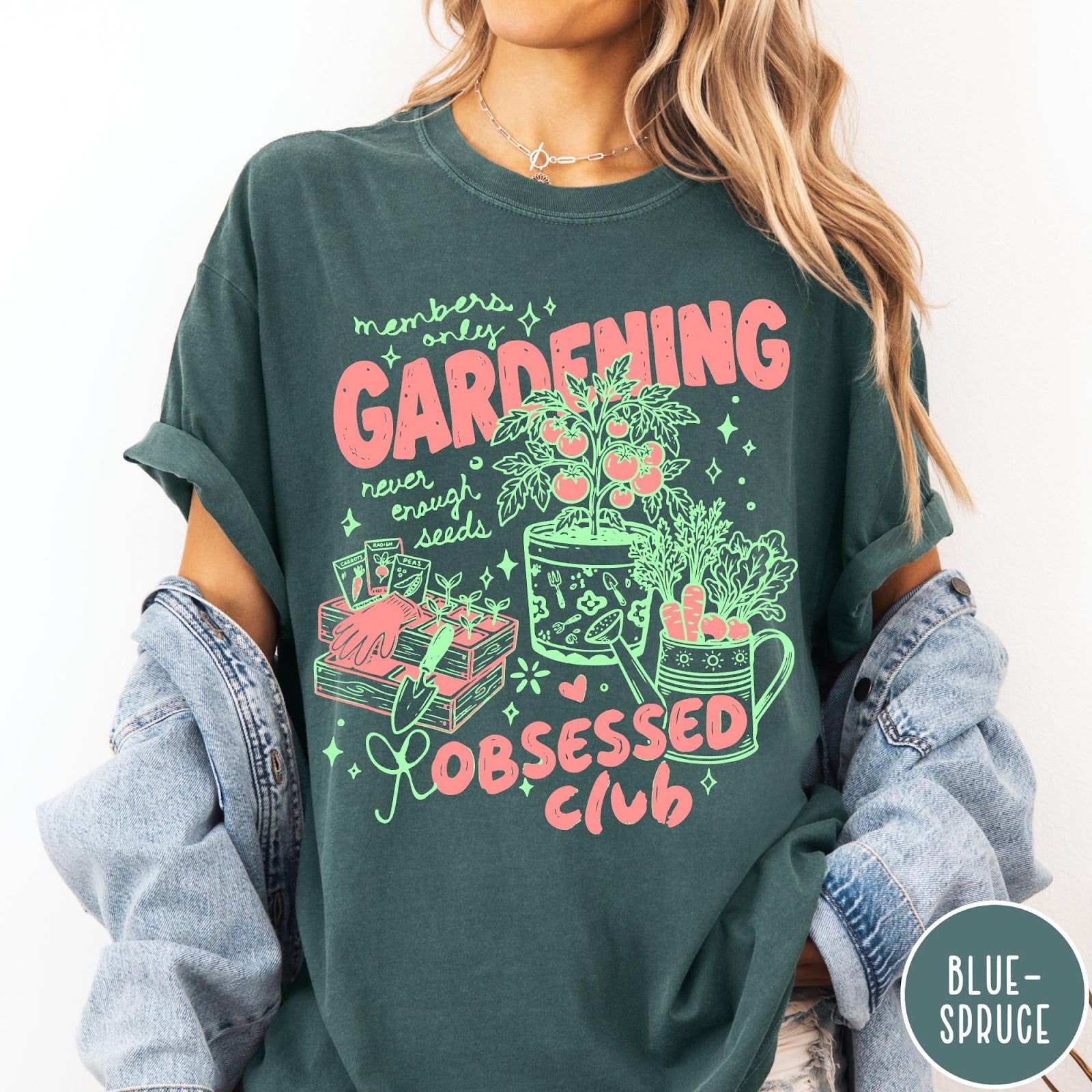 Comfort Colors tee in Blue Spruce featuring retro graphic gardening design with tomato plant, seeds, and gardening tools