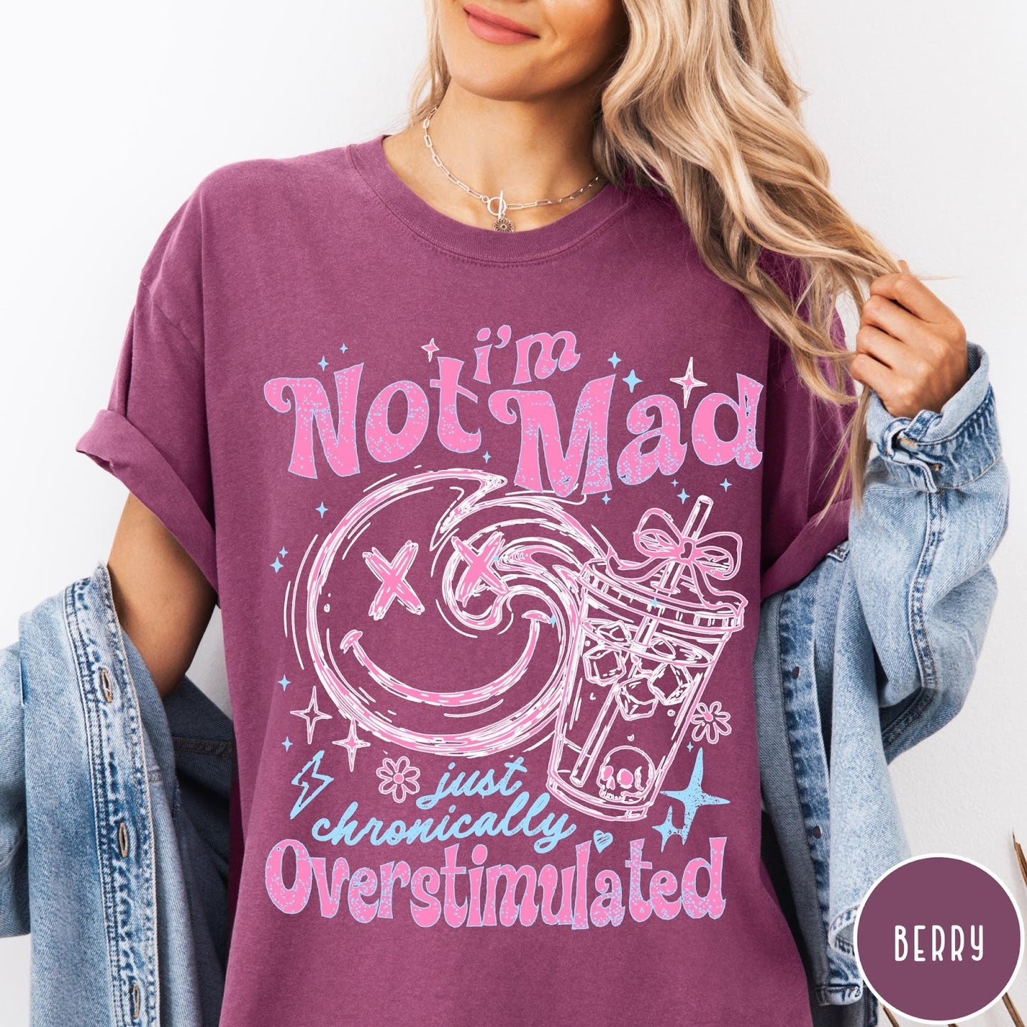 Comfort Colors tee in Berry featuring retro graphic design with smiley face and iced coffee cup illustration
