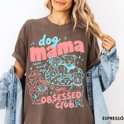 Comfort Colors tee in Espresso featuring dog mom design style with multiple dog breeds and accessories