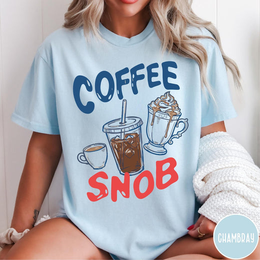 Comfort Colors tee in Chambray featuring coffee themed graphic with iced coffee, espresso, and whipped cream drinks