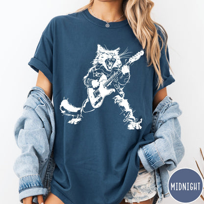 Comfort Colors tee in Midnight featuring rock music style graphic of a cat playing an electric guitar