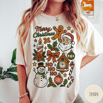 Comfort Colors tee in Ivory featuring retro holiday design with Christmas icons like Santa and a snowman
