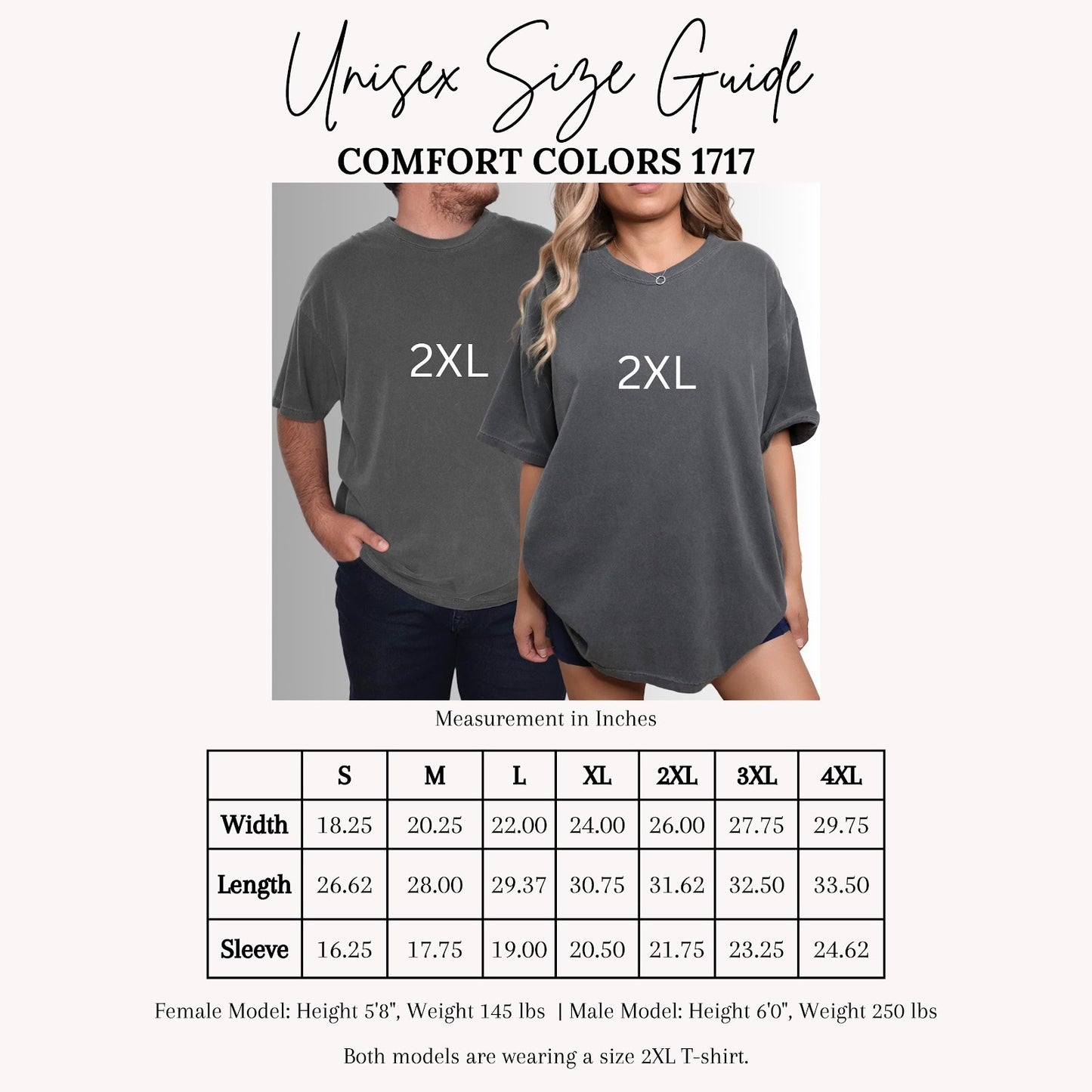 Comfort Colors tee size chart showing measurements for sizes S through 4XL with model height and weight