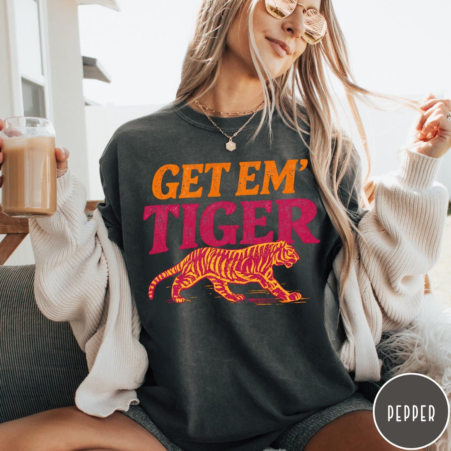 Comfort Colors tee in Pepper featuring vintage style graphic with Get Em Tiger text and tiger illustration
