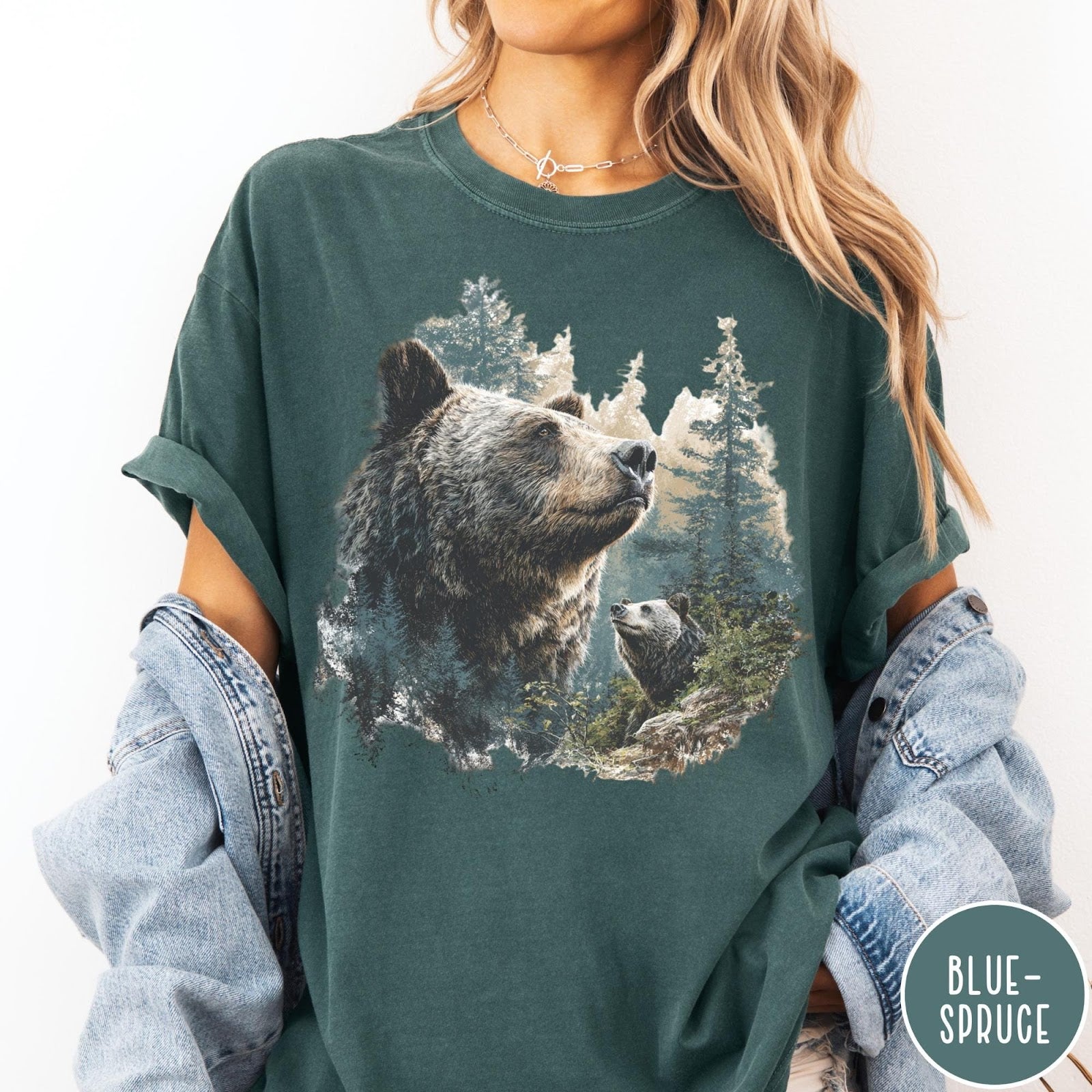 Comfort Colors tee in Blue Spruce featuring vintage nature graphic with two bears in a forest