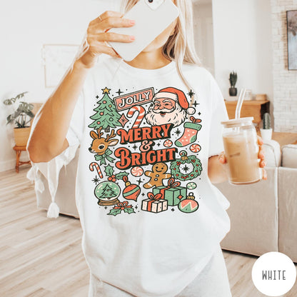 Comfort Colors tee in White featuring retro holiday style graphic with Santa, reindeer, and Christmas icons