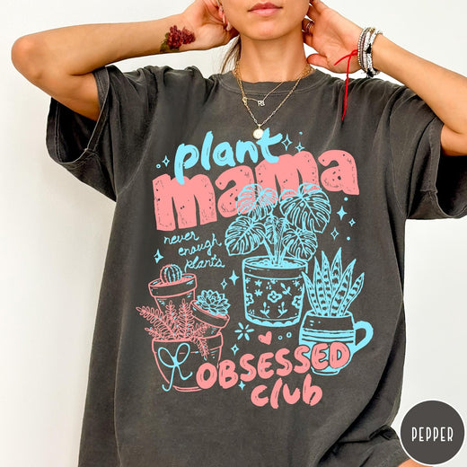 Comfort Colors tee in Pepper featuring retro style graphic with potted plants and Plant Mama Obsessed Club text