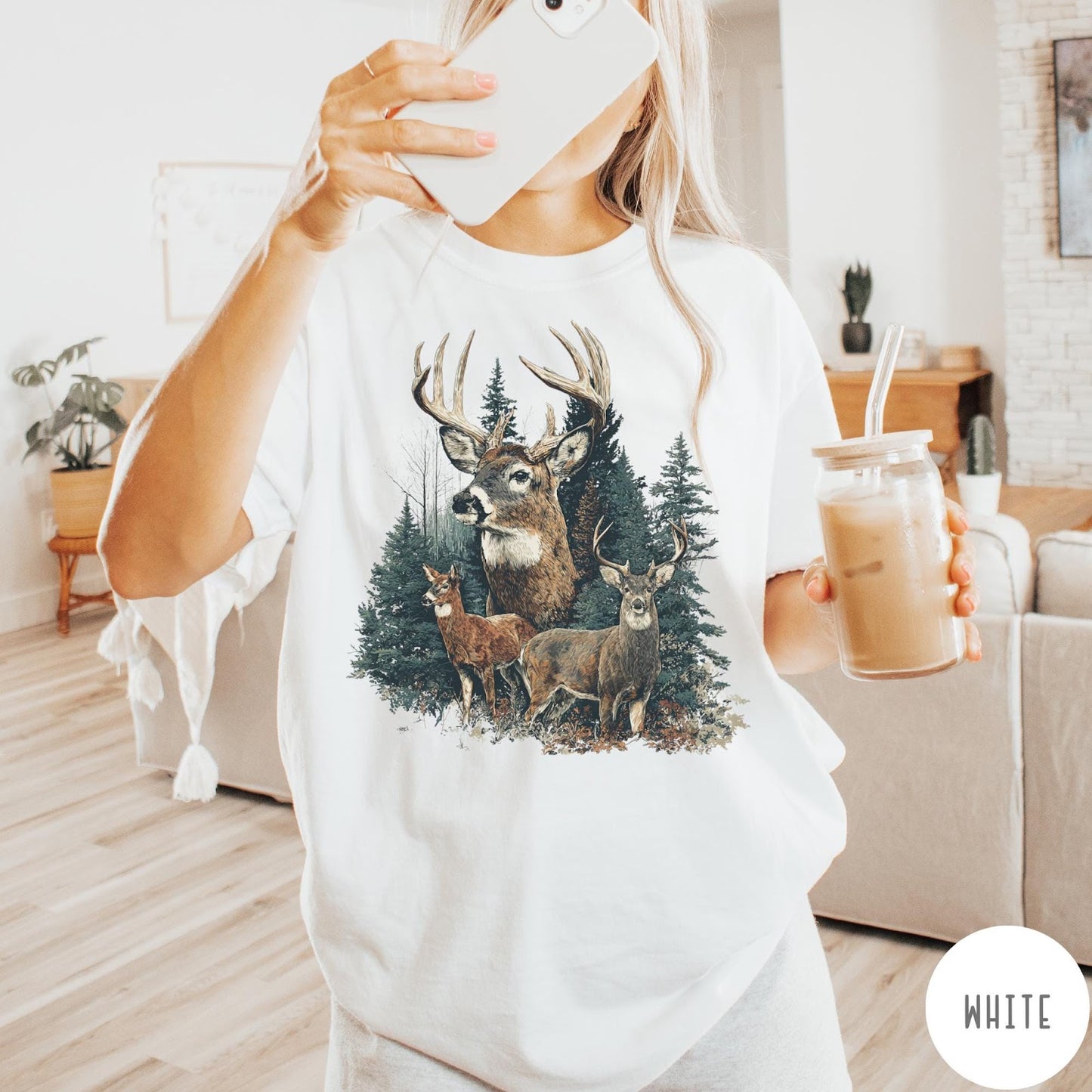 Comfort Colors tee in White featuring vintage style graphic of deer in a forest