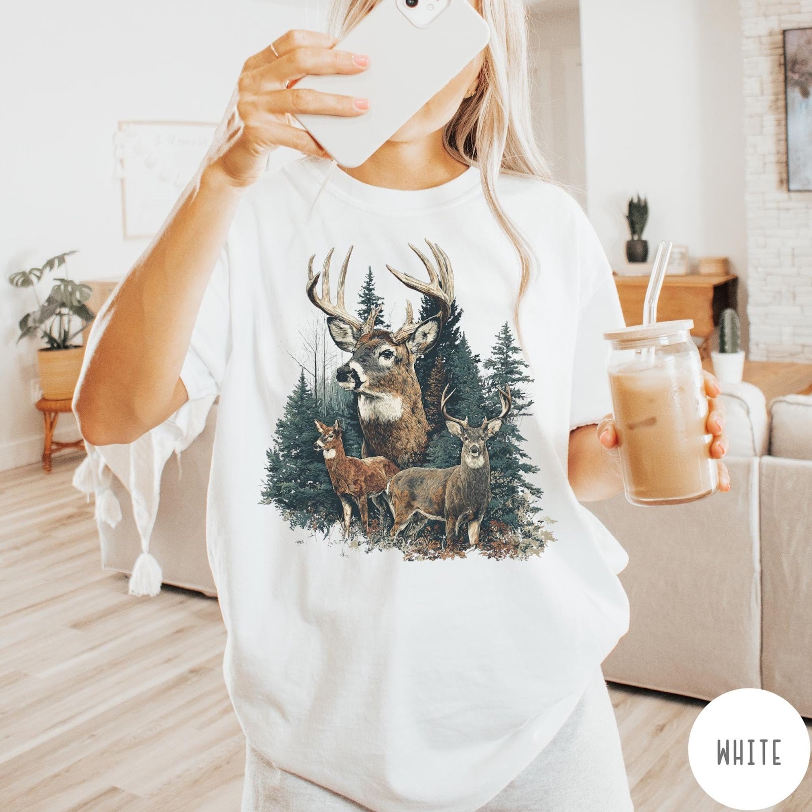 Comfort Colors tee in White featuring vintage style graphic of deer in a forest