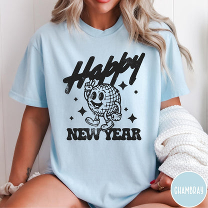 Comfort Colors tee in Chambray featuring retro disco style graphic of a happy disco ball mascot character
