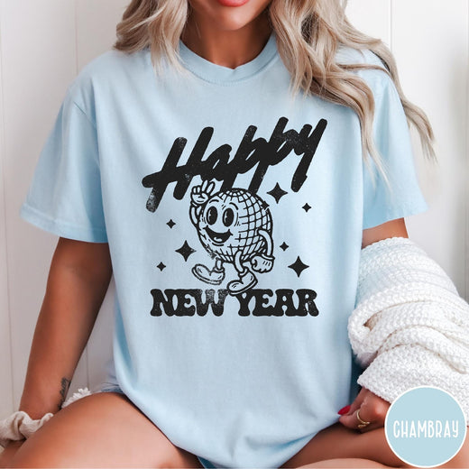 Comfort Colors tee in Chambray featuring retro disco style graphic of a happy disco ball mascot character