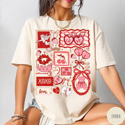 Comfort Colors tee in Ivory featuring vintage collage design with cupid, teddy bear, and Valentine's Day icons