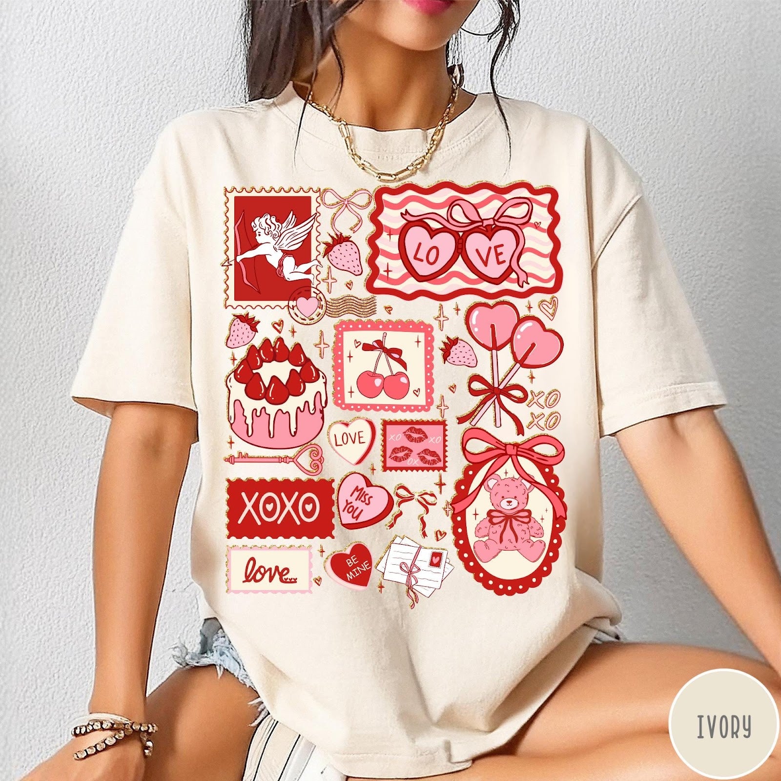 Comfort Colors tee in Ivory featuring vintage collage design with cupid, teddy bear, and Valentine's Day icons