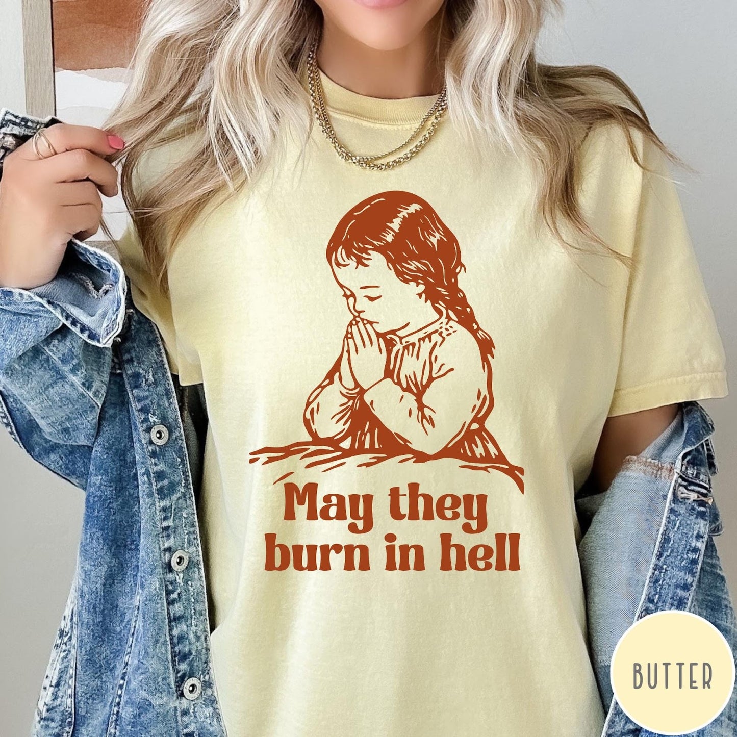 Comfort Colors tee in Butter featuring vintage style graphic of a child praying with text below