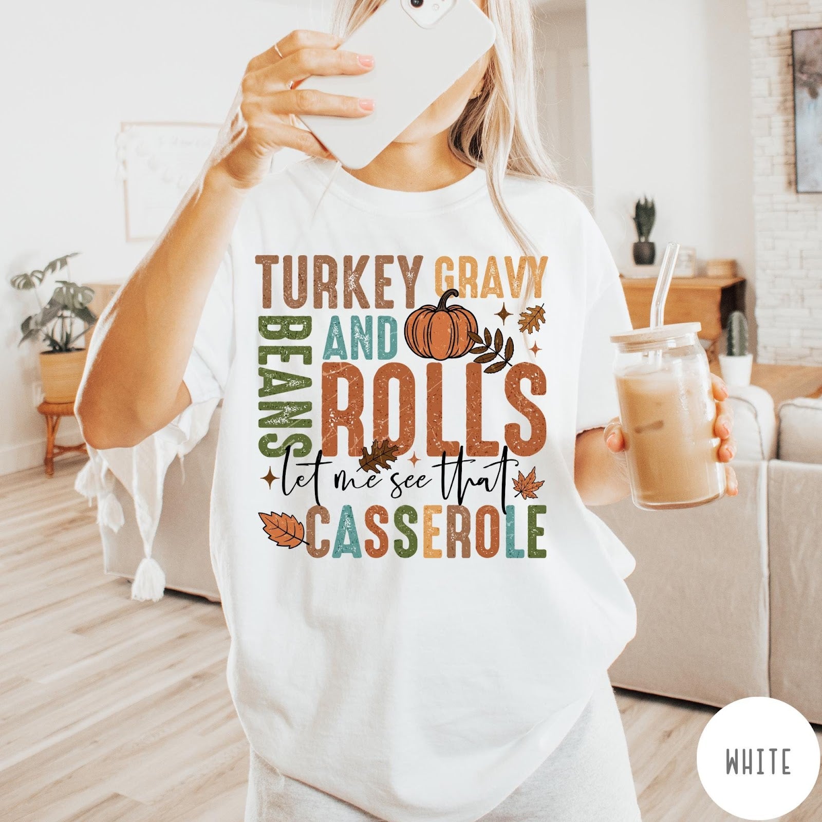 Comfort Colors tee in White featuring vintage style Thanksgiving graphic with turkey, gravy, rolls, and casserole text