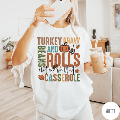 Comfort Colors tee in White featuring vintage style Thanksgiving graphic with turkey, gravy, rolls, and casserole text