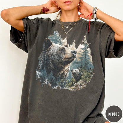Comfort Colors tee in Pepper featuring vintage nature graphic with two bears in a forest