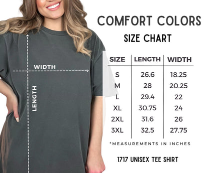 Comfort Colors tee size chart showing length and width measurements for sizes S through 3XL