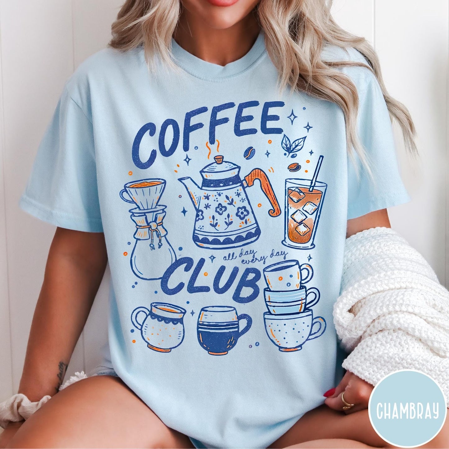 Comfort Colors tee in Chambray featuring retro graphic design with coffee pots, mugs, and iced coffee