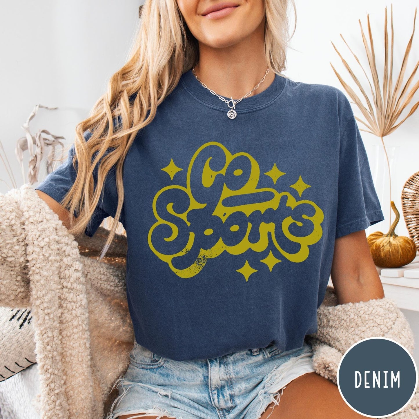 Comfort Colors tee in Denim featuring retro sports style graphic with Go Sports text and star accents