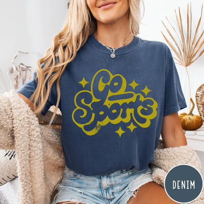 Comfort Colors tee in Denim featuring retro sports style graphic with Go Sports text and star accents