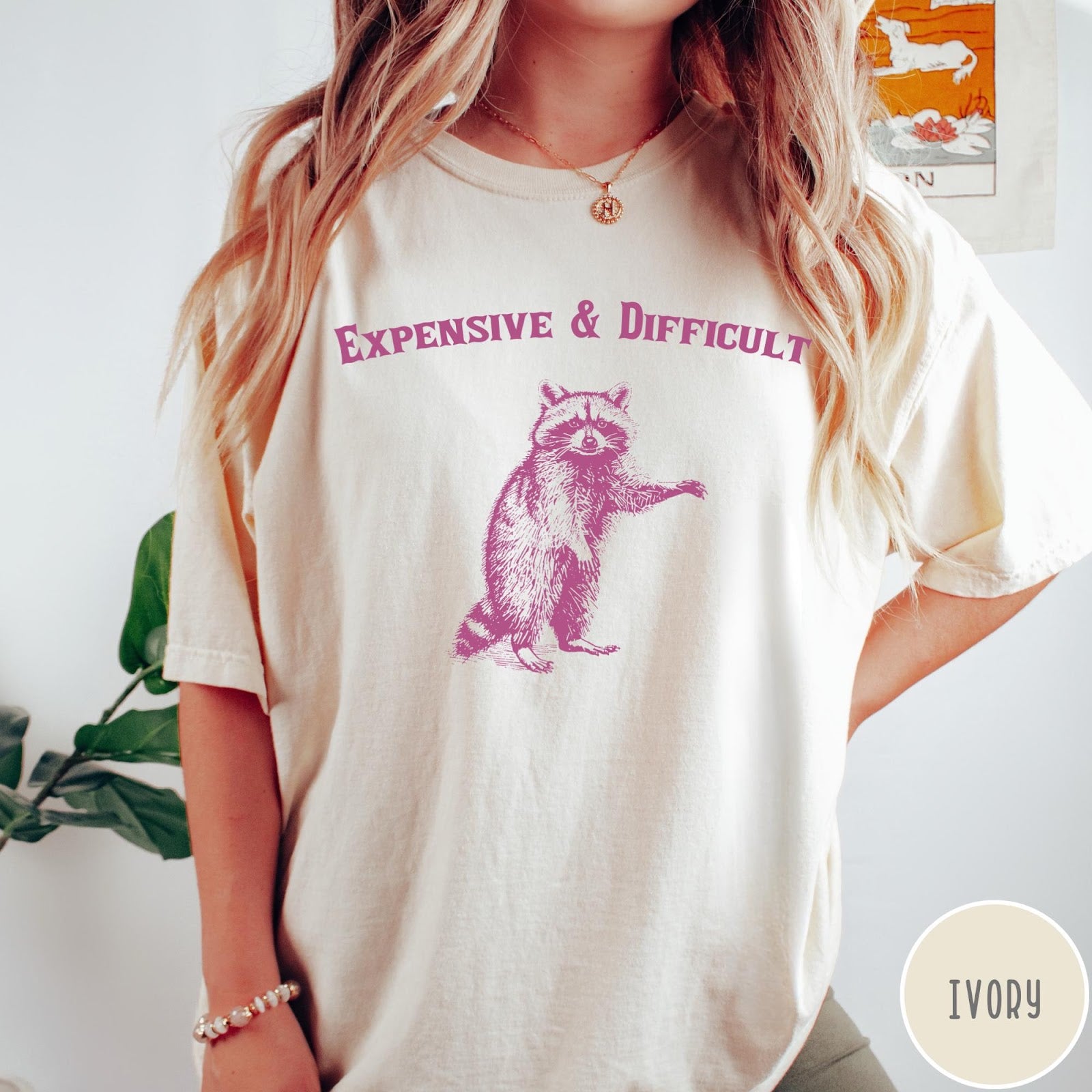 Comfort Colors tee in Ivory featuring vintage style graphic of a standing raccoon with text Expensive and Difficult